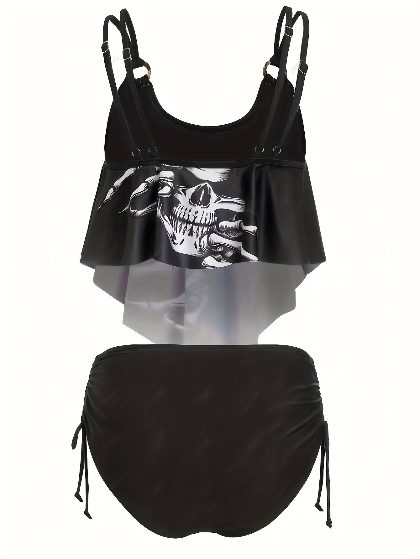 Women's Fashionable And Sexy Tankini Set, With Ruffled Edges And Halloween Skull Print, Two-piece Swimsuit, Vacation Style.
