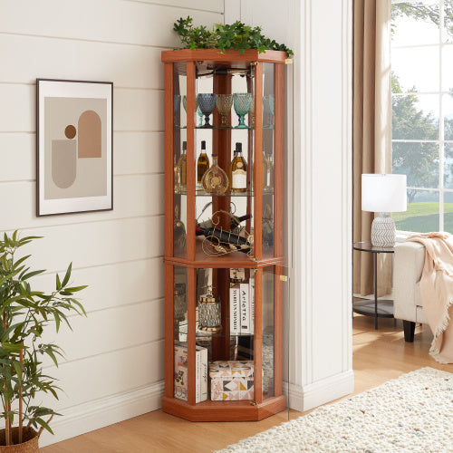 US Local Corner Lighted Curio Cabinet Corner Glass Cabinet Lighted Curio Cabinet Corner Display Case For Living Room, Curio Cabinet, Antique Collection, Wine,Bar Glass Storage Light Included,Dark Cherry