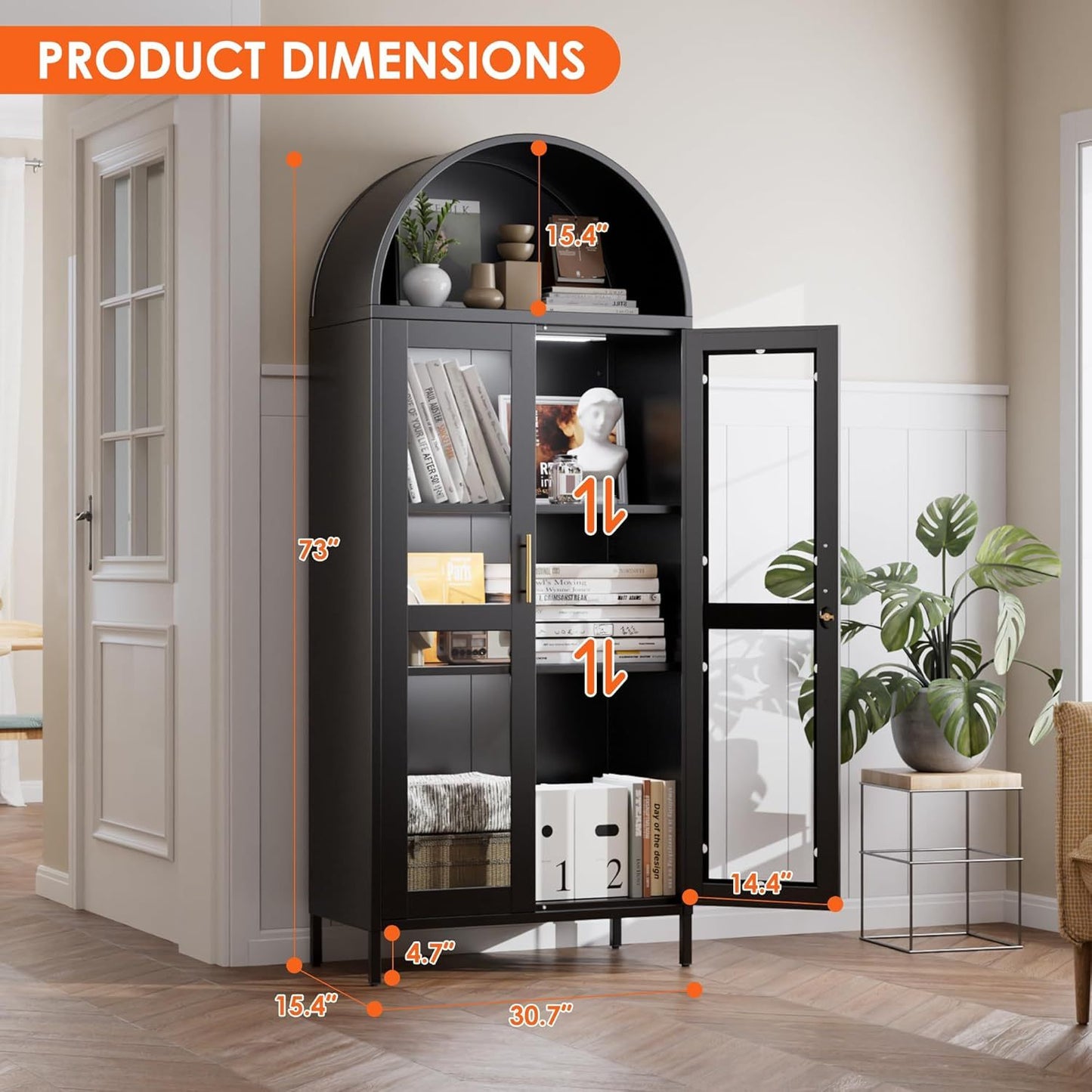 US Local Metal Arched Cabinet With LED Strips, Arch Display Bookcase With Glass Doors, Modern Freestanding Kitchen Pantry Storage Cabinet For Living Room, Dining Room, Home Office, Assembly Required Black