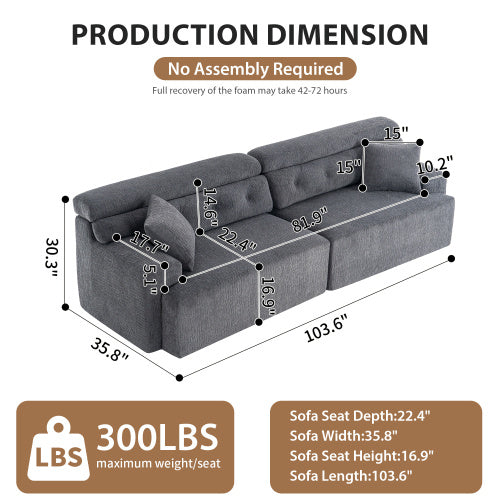 US Local LY-029 GRAY COMPRESSION SOFA 4-seater Combined Sofa, Wood Grain Chenille Fabric, Full Sponge Compression Sofa,combined Sofa With 2 Pillows For Living Home Furniture Apartment