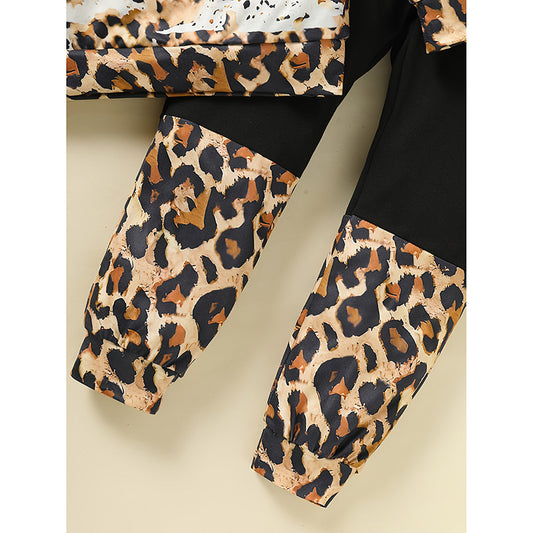 US Local Toddler Girls Fall Winter Outfits Leopard Letter Print Crewneck Long Sleeve Sweatshirt Top & Sweatpant 2 Piece Clothing Set