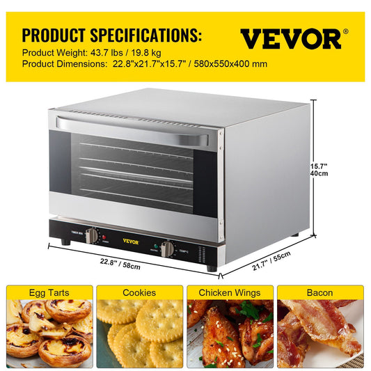 US Local VEVOR Commercial Convection Oven, , Half-Size Conventional Oven Countertop, 1600W Toaster Glass Door, Electric Baking Oven Wire Racks Clip Gloves, 120V, ETL Listed