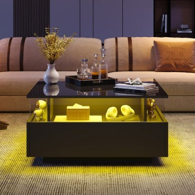 UK Local Coffee Table With Storage For Living Room, Modern LED Coffee Table, Square Tea Table With 2 Sliding Drawers Wood Center Table Acrylic Glass Coffee Table