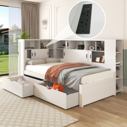 UK Local Platform Bed With Trundle Bookcase USB,Single Bed-3ft 90x190cm,Household Bed, Multifunctional Bed,with 2 Storage Drawers, Dust-proof Cabinet And Shelves, Large Storage Space,white