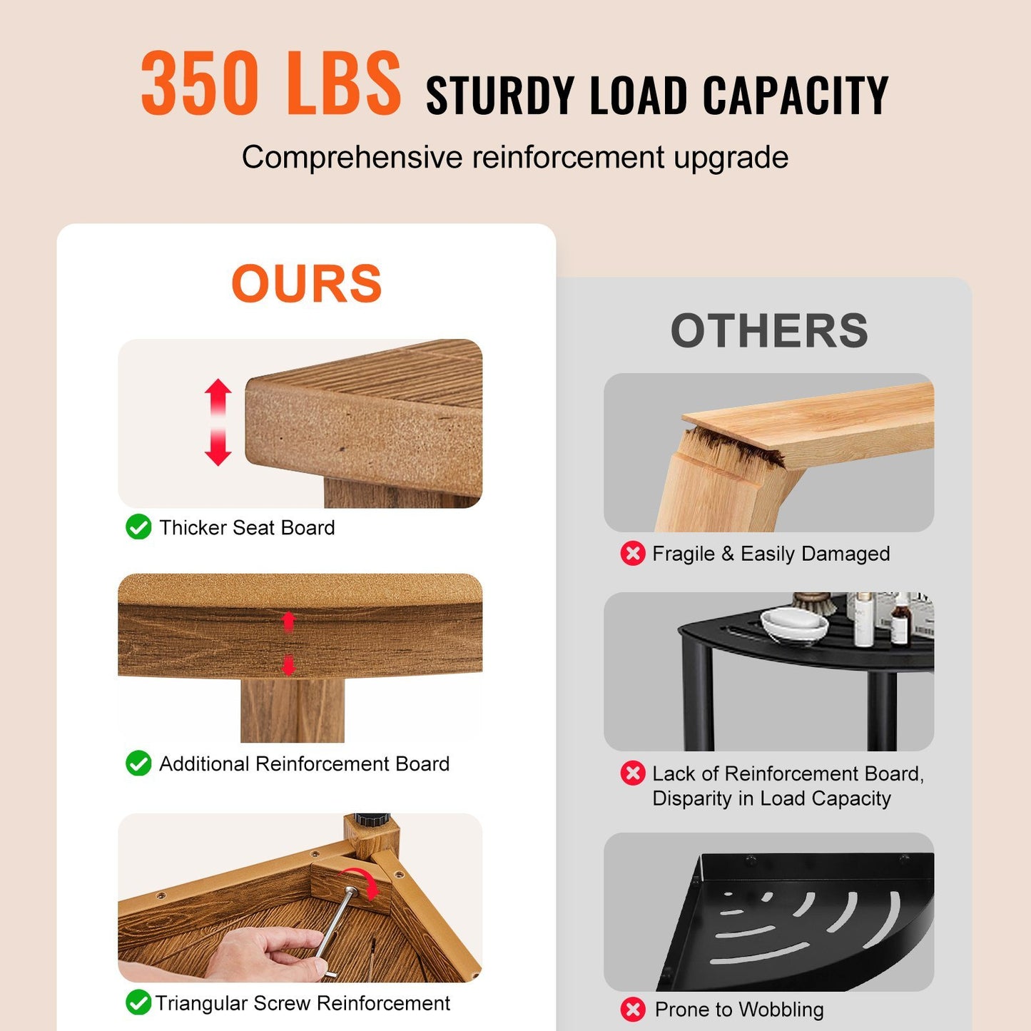 US Local VEVOR Corner Shower Bench, Faux Wood Grain Polystyrene, 350 LBS With Storage Shelf, Water Resistant, Shower Stool For Inside & Outside Shower, For Bathroom, Living Room