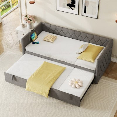 UK Local Upholstered Daybed, Sofa Bed With Charging Station, 3ft Single Button-tufted Bed With USB And Type - C Ports, Pull Out Trundle Bed For Living Room Bedroom Study Room, Linen, Grey No Mattress