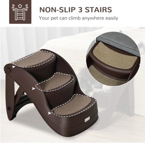 UK Local PawHut Foldable Pet Stairs Portable Dog Steps 3-Step Design With Non-slip Mats For High Beds, Sofas, 49 X 38 X 38 Cm, Brown