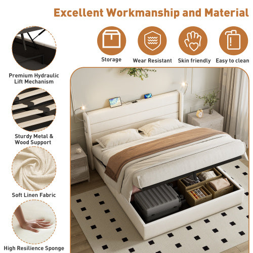 UK Local King Upholstered Bed With Charging Station, Linen Hydraulic Storage Bed With Adjustable LED Reading Light, 5ft Double Bed Frame With USB And Type C Ports, No Box Spring Needed, Beige