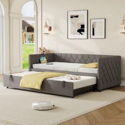 UK Local Upholstered Daybed, Sofa Bed With Charging Station, 3ft Single Button-tufted Bed With USB And Type - C Ports, Pull Out Trundle Bed For Living Room Bedroom Study Room, Linen, Grey No Mattress
