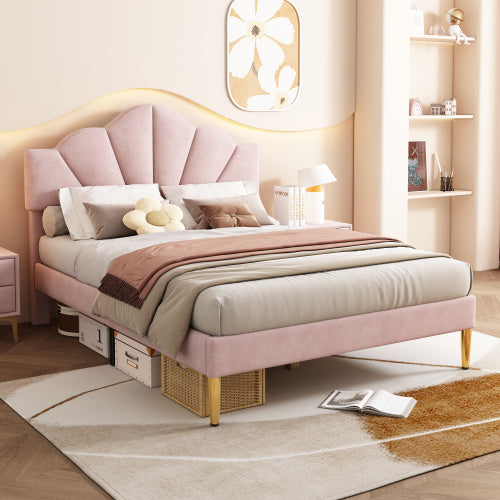 UK Local Velvet Upholstered Bed,Double Bed 4ft6 135x190cm, Shell-like Bed With Golden Iron Legs, Height Adjustable Headboard, Wooden Slatted Frame,