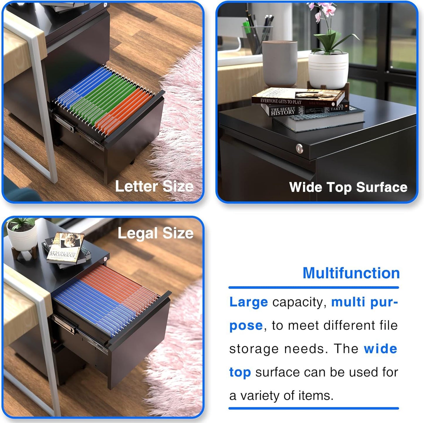 US Local 2 Drawer Vertical File Cabinet With Lock, Mobile Metal Filing Cabinet For Legal Letter Size, Office Storage File Cabinet Under Desk, Fully Assembled Except Wheels, Black