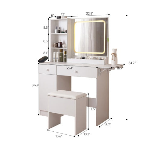 US Local Vanity Desk With Lighted Mirror & Power Outlet, Makeup Vanity Desk With Drawers And Large Storage Cabinet For Bedroom, 3 Lighting Modes Adjustable Brightness, Storage Stool, White