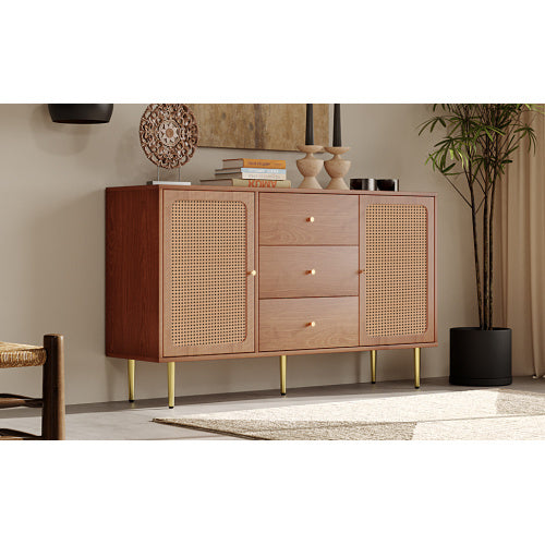 UK Local Rattan Sideboard Cabinet For Living Room, Chest Of Drawers With With 2 Doors And 3 Drawers, Adjustable Shelf, Walnut -90H 150W 40D Cm