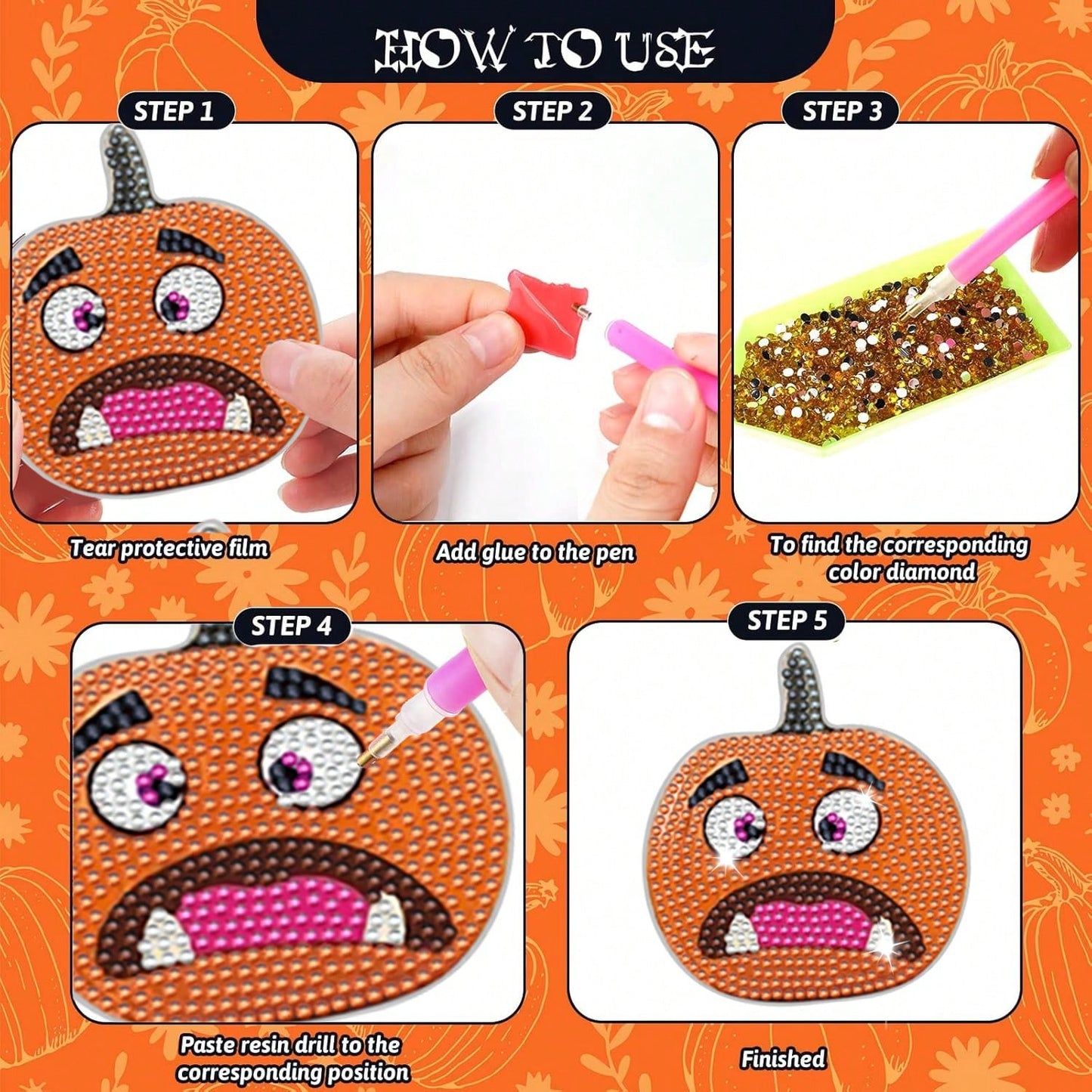 8 Pcs Halloween Pumpkin Diamond Art Coasters With Holder Cartoon Pumpkin Diamond Painting Coasters Autumn DIY Painting Kit Orange Crafts For Thanksgiving Gift