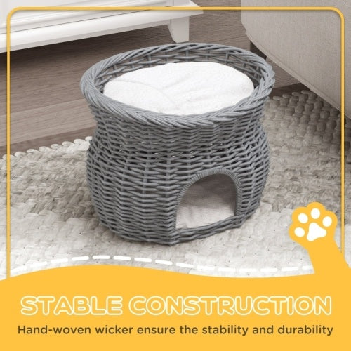 UK Local PawHut 2-Tier Wicker Cat House Elevated Pet Bed Basket Willow Kitten Tower Pet Den. With Washable Cushions 56x37x40cm Grey