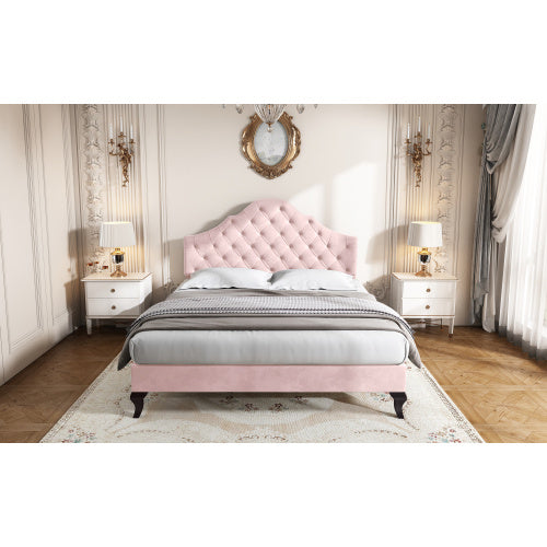 UK Local Upholstered Bed With Slatted Frame And Headboard, 4ft6 Double Bed,135x190,Upholstered Bed With Height-adjustable Headboard, Youth Bed, Wooden Slat Support, Easy Assembly, Velvet, Pink