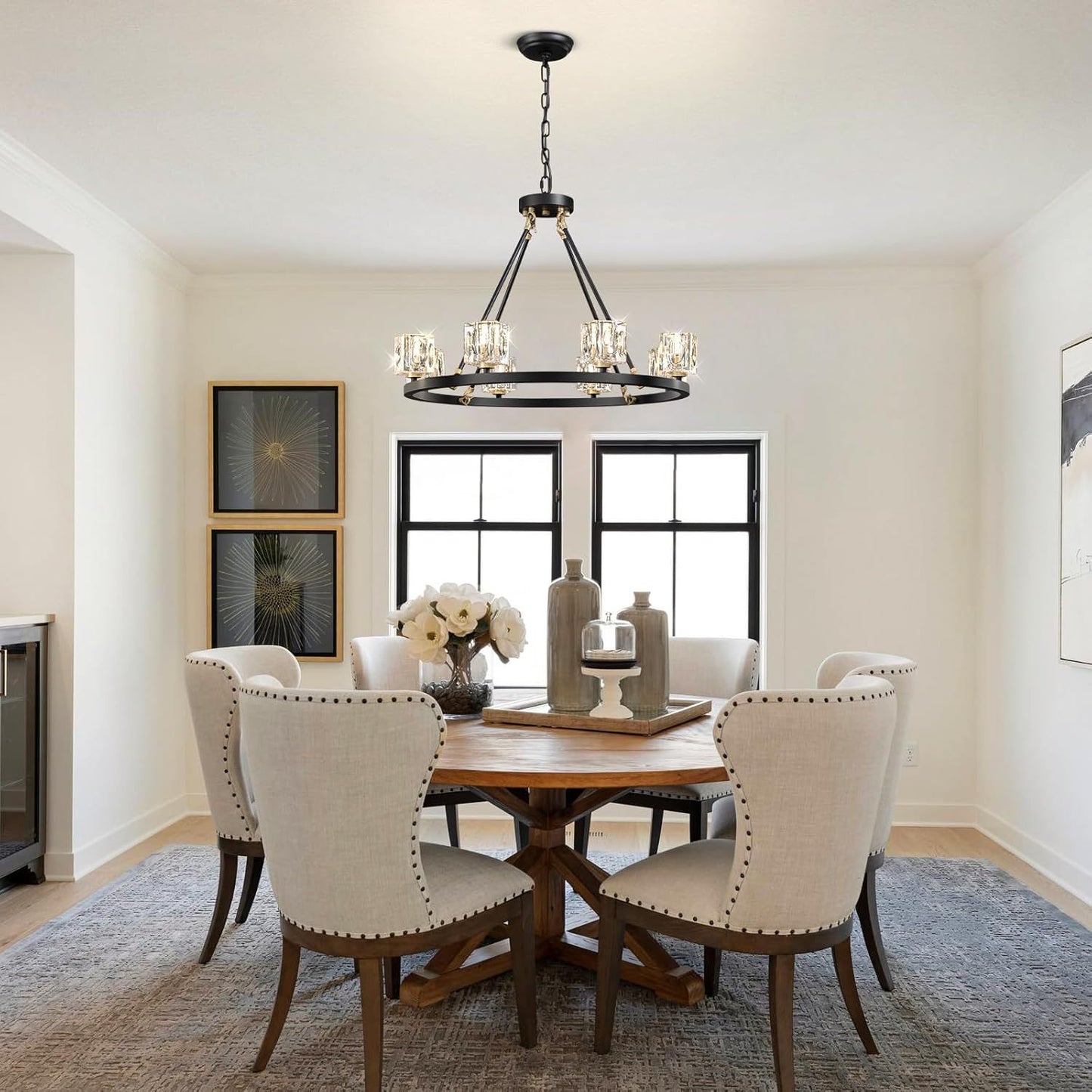 US Local Black Wagon Wheel Chandelier, 8-Light Farmhouse Crystal Chandeleirs With Adjustable Height,Ceiling Hanging Light Fixture Pendant Lights For Living Room,Bedroom,Kitchen Island,Dining Room,Bedroom