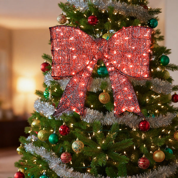 US Local Pre-lit Outdoor Giant Bowknot Christmas Decoration, Lighted Metal Frame With 124 Warm White LED Lights, For Front Door Gate Wall Indoor Outdoor Holiday Party, Red