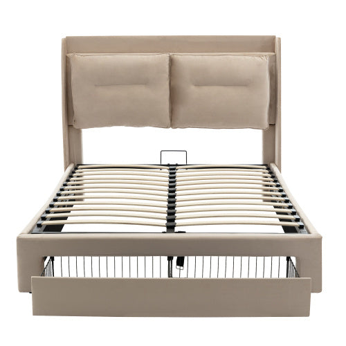 UK Local Upholstered Bed, 135x190 4ft6, Double Bed, Hydraulic Bed, 2-in-1 Storage Drawers At The End Of The Bed, Recessed LED Light Strips On Both Sides Of The Bed, Slatted Frame, Velvet,Beige