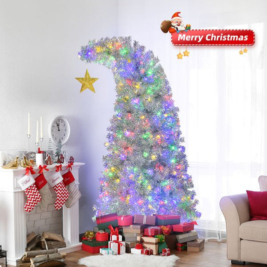 US Local 6 FT Bent Top Pre-lit Christmas Tree With Golden Star, Hinged Artificial Xmas Tree With 300 Lights, 900 Branch Tips And Remote Control For Holiday Party Store Office Home, Silver