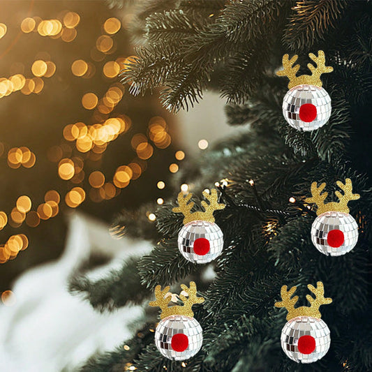 US Local 5 Pcs Disco Mirror Christmas Ball Pendants With Elk Antlers Cute Disco Ball Accessories Car Disco Mirrors Deer Antler Ornament Halloween Props For Xmas Trees Garlands Music Festival Birthday Party Dec