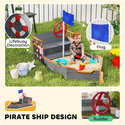 US Local Kids Wooden Sandbox Pirate Ship Sandboat W Bench Seat Storage Space Ceder Wood, Gray