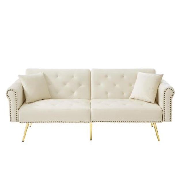UK Local Modern 2-Seater Sofa Bed Velvet Upholstery, 3 Stage Adjustable Backrest Gold Plated Metal Feet Stylish Sofa With Sleeping Function Space-Saving Durable Ideal For Small Spaces