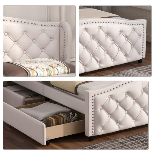 UK Local Upholstered Bed 135 X 190cm - Bed With Slatted Frame, 2 Drawers And Headboard With Pull Point Rivets - Wood & Faux Leather - White - Youth Bed Guest Bed