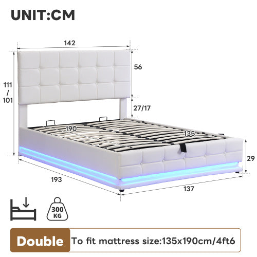 UK Local Ottoman Double Bed With LED Lighting, PU Leather Upholstered Bed With Hydraulic Storage, 4ft6 Double Bed Frame With Adjustable Button Tufted Headboard, Cream White No Mattress