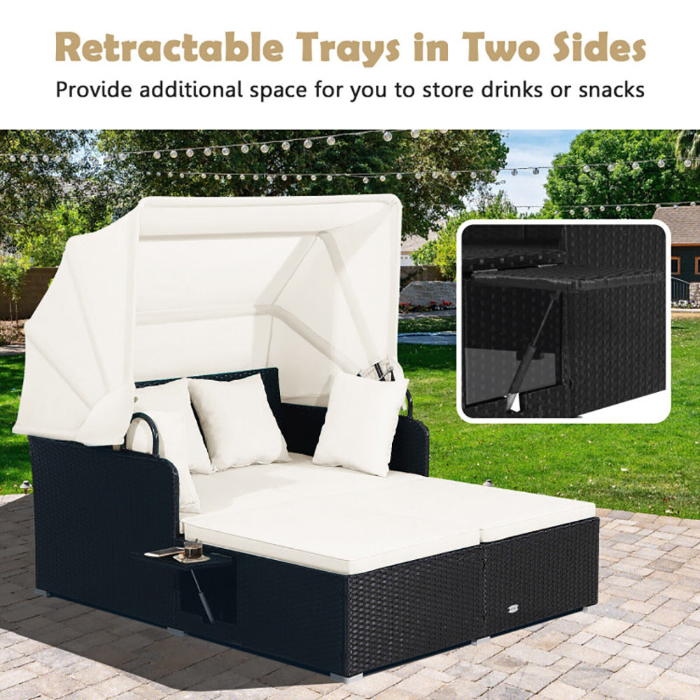 US Local Patio Rattan Daybed With Retractable Canopy And Side Tables