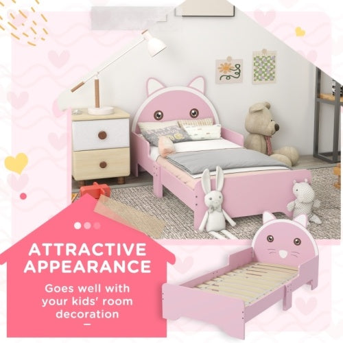 UK Local ZONEKIZ Bed For Kids Cat Design Toddler Bed Frame Bedroom Furniture With Guardrails, For 3-6 Years, 143L X 74W X 72Hcm - Pink