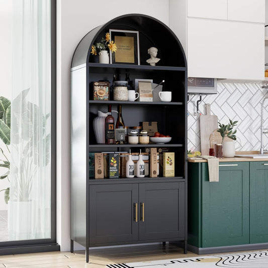 US Local Metal Arched Bookcase, Large Size Freestanding Black Arch Storage Cabinets For Home Office Bookshelf Living Room