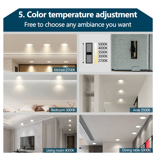 US Local 6 Inch LED Recessed Ceiling Lights, 12-Pack Ultra-Thin With Junction Box, 5 Color Temperature Options 2700K-5000K, 12W 1080LM Dimmable Canless Downlight, ETL Listed For Home And Commercial Use