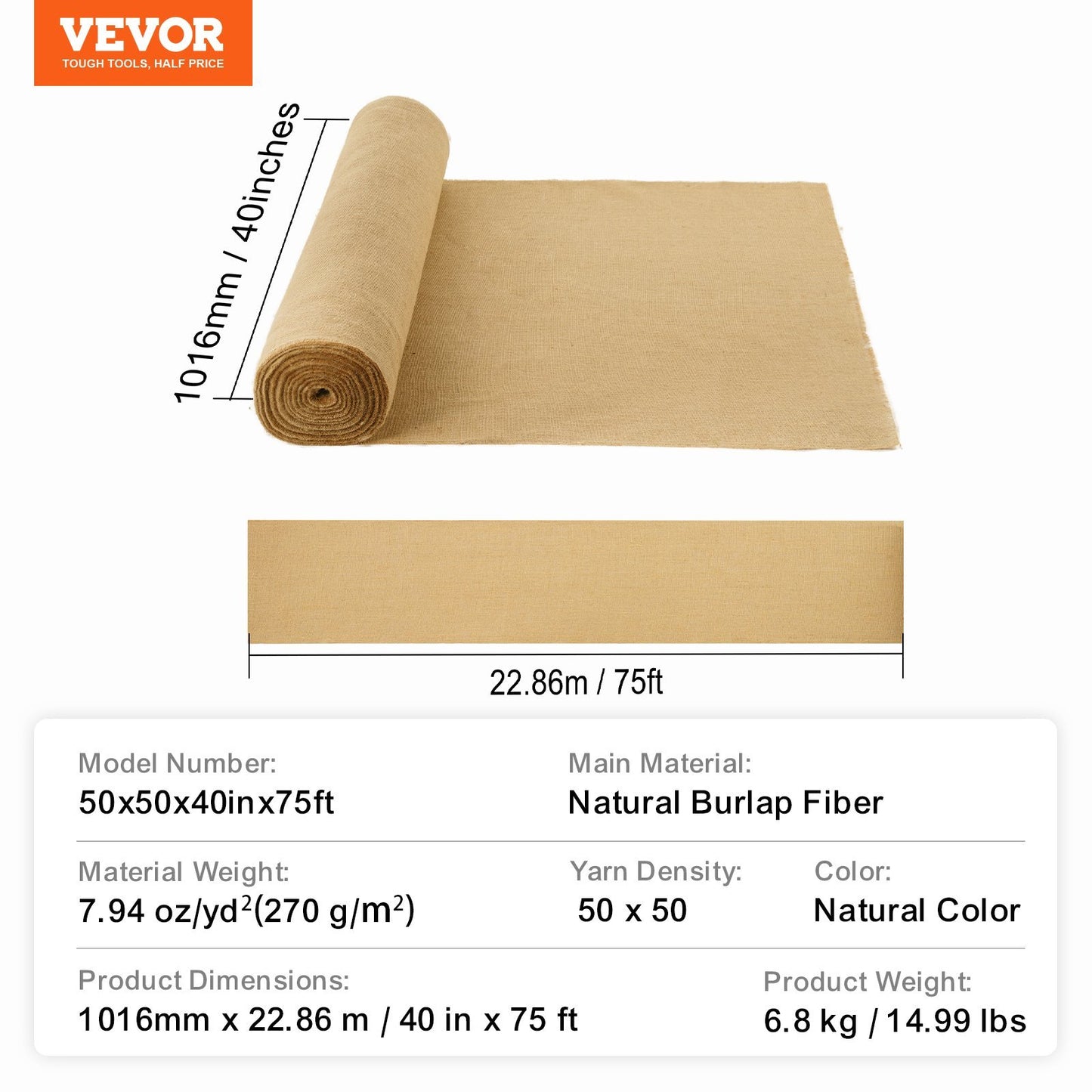 US Local VEVOR Burlap Fabric Roll Burlap Tree Wrap 40 In X 75 Ft For Crafts & Plants