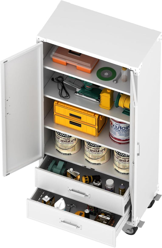 US Local Rolling Storage Cabinet With 2 Doors And 2 Drawers, Metal Storage Cabinet With Doors And Shelves, Locking Steel Cabinet For Warehouse, Home, Office White