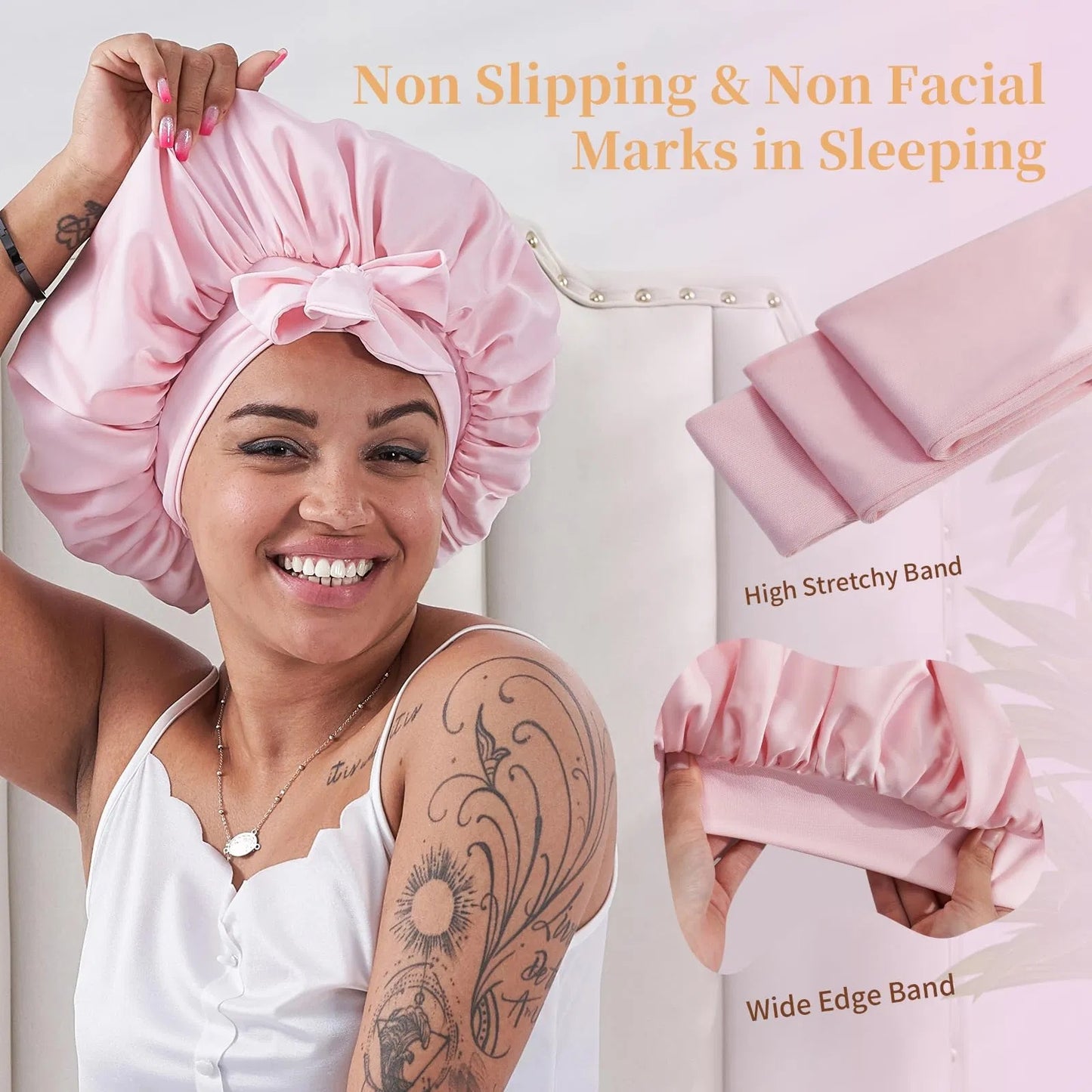 US Local Silk Bonnet For Sleeping Women, Satin Hair Bonnet For Sleeping For Wavy Curly Natural Hair Women Men - Pink