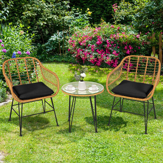 US Local 3 Pieces Rattan Furniture Set With Cushioned Chair Table