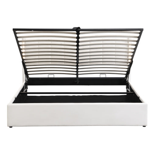 UK Local LED Upholstered Bed ,King Size Bed-5ft150x200cm, Hydraulic Bed, Rechargeable USB Port In Bed, With LED Lighting, With Storage Space, Adjustable Headboard, PU , White