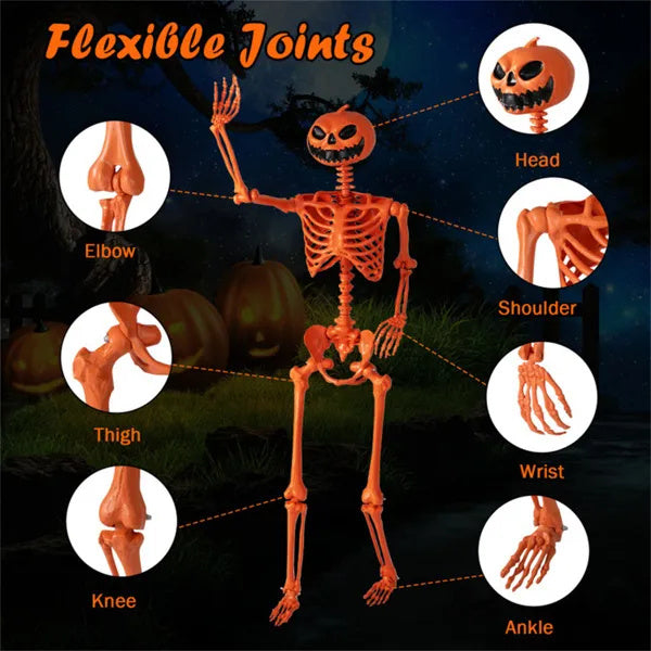5.5ft Life-Size Halloween Skeleton With Pumpkin Head - Orange Color, Fully Poseable Joints Jaw Shoulders Knees , PP PE Material