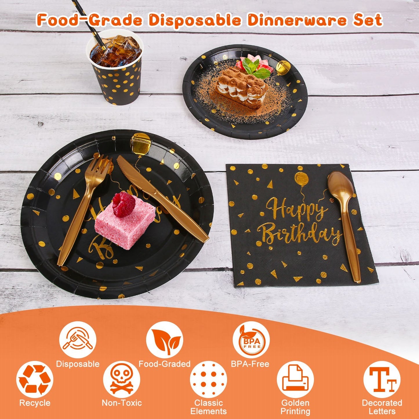 US Local 201 PCS Black Gold Birthday Party Supplies For 25 Guests Happy Birthday Disposable Dinnerware Set Paper Plates 9OZ Cups Straws Napkins Forks Knives Spoons Tablecloth