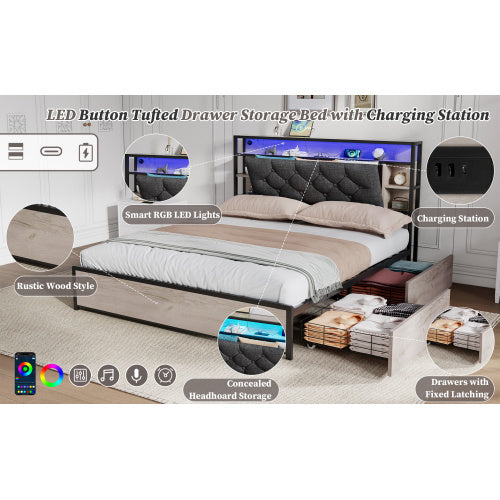 UK Local 4ft6 Double Bed With 4 Storage Drawers, Bed Frame With Concealed Headboard Storage, Button Tufted Headboard With LED Lighting And Charging Station, Vintage Rustic Wooden, Linen, Grey