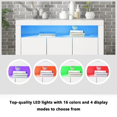 UK Local High Gloss White Sideboard Display Cabinet With LED Lights, Modern 3-Door Wood Buffet Cupboard Storage Unit With Remote Control For Kitchen Living Room Dining Room Hallway