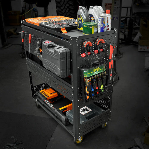 US Local 3-Tier DIY Detachable Utility Cart Storage Tool Cart With Steel Pegboard, Foldable Rolling Tool Cart With Wheels For Garage Organizer And Tool Storage