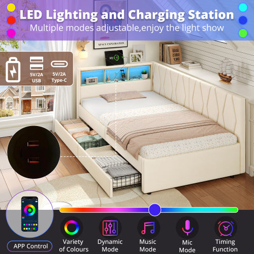UK Local 3ft Single Daybed With Two Storage Drawers, LED Modern Bed Frame With Charging Station, Linen Sofa Bed For Living Room Bedroom Study Room, 90X190cm, Easy Assembly, Beige