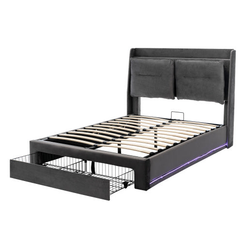 UK Local Upholstered Bed, 135x190 4ft6, Double Bed, Hydraulic Bed, 2-in-1 Storage Drawers At The End Of The Bed, Recessed LED Light Strips On Both Sides Of The Bed, Slatted Frame, Velvet,Dark Gray
