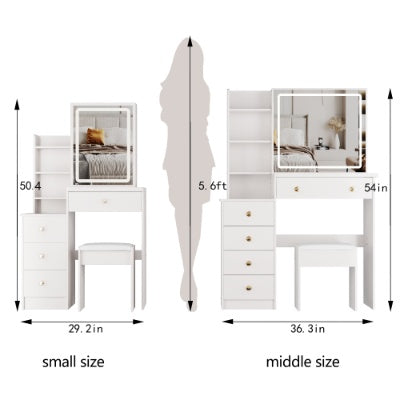 US Local 29.2 Small Size Left Bedside Cabinet Vanity Table Cushioned Stool, Large Sliding, Touch Control, Tri Color Switching, Brightness Adjust LED Mirror, High Capacity Storage Suitable For Small Space