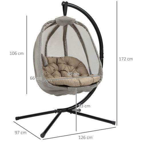 UK Local Outsunny Hanging Egg Chair, Folding Texteline Swing Hammock With Side Pocket, Cushion And Stand For Indoor Outdoor, Patio Garden Furniture, Khaki