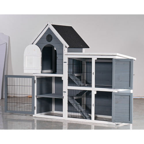 US Local Large Outdoor Chicken Coop Cage Weatherproof 2-Story Chicken Coop Rabbit Hutch, Wooden Indoor Outdoor Pet House With No-Leak Tray, Waterproof Roof Pull-Out Tray 50.98 Lx 48.23 H, Grey, Blue