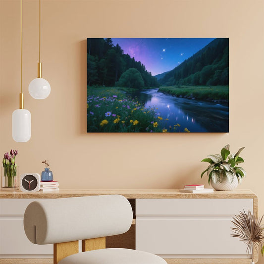POD Decor Interior Frame Painting Horizontal, Mountain river starry summer