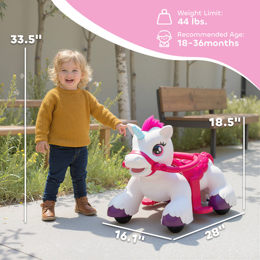 US Local 12V Unicorn Ride on Horse with Carrot Toy, Comb, Animal Sounds, for Girls Boys Aged 1.5-3 Years Old